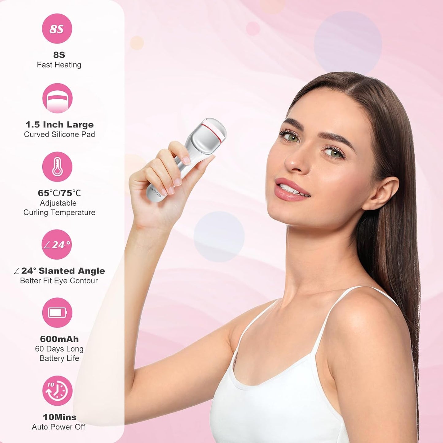 Heated Eyelash Curler Professional - Eye Lashes Curler with Innovative Heating Silicone, Electric Eyelashes Curler with 600mAh Rechargeable Battery EC4001 (White)