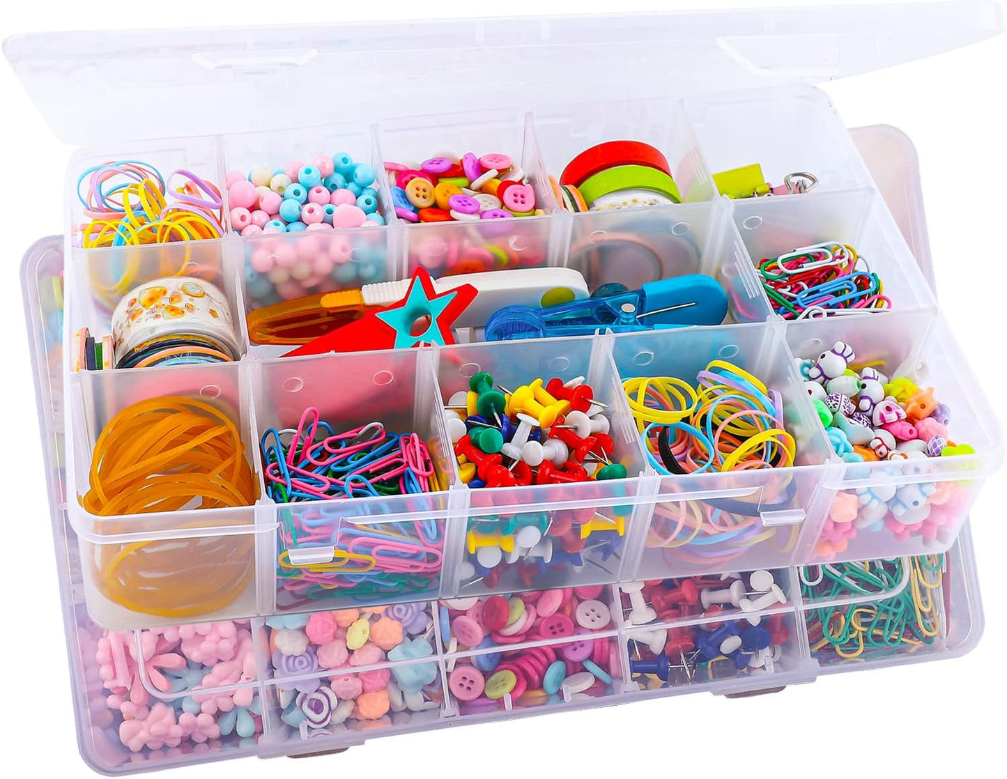 15 Large Grids Plastic Organizer Box with Dividers, 2 Pack Clear Compartment Container Storage for Washi Tapes Beads Crafts Jewelry Fishing Tackles, Size 11 x 6.3 x 2.2 in