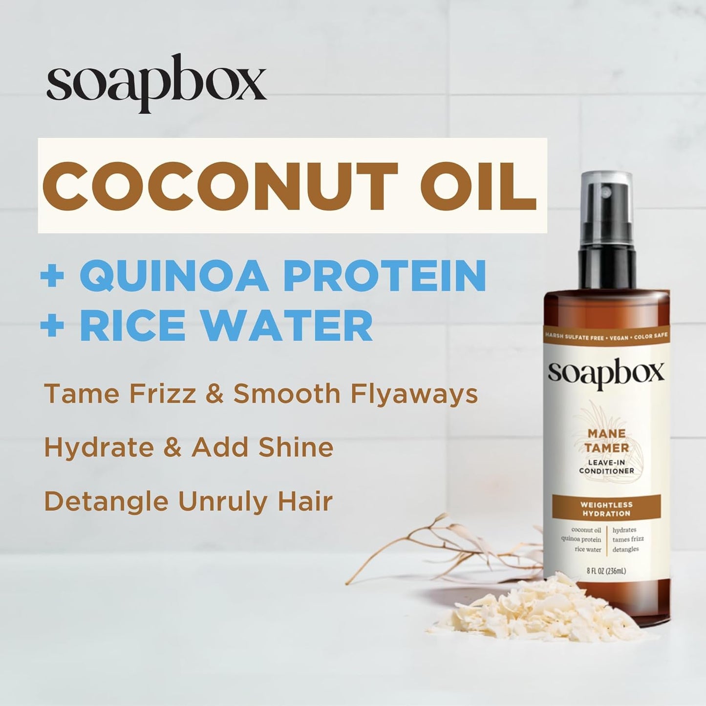 Soapbox Mane Tamer, Leave-In Conditioner Spray to Tame Frizz, Smooth Fly Aways, Hydrate, Add Shine & Detangle Dry, Damaged Hair, Paraben Free, Vegan (8oz)