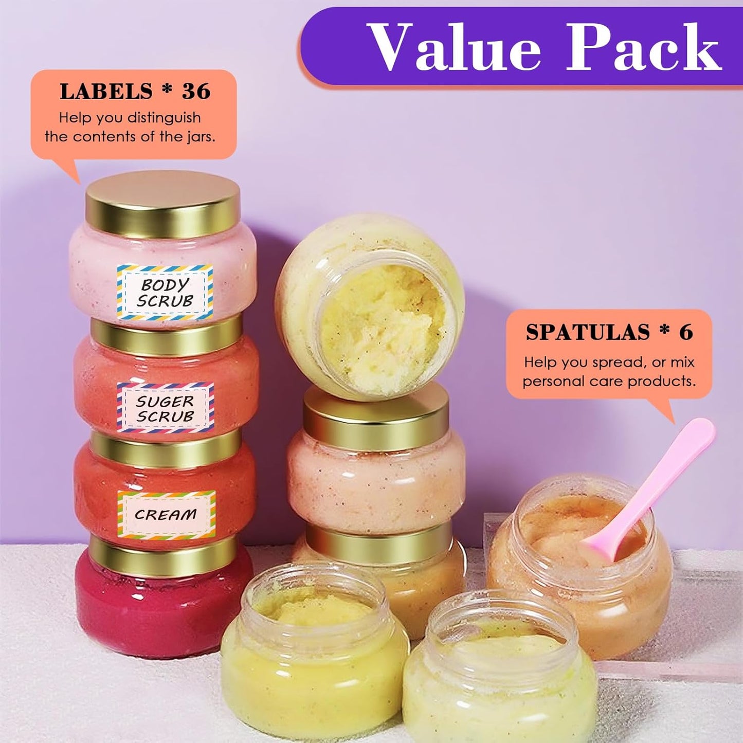 36 Pack 5 oz Plastic Cosmetic Containers With Lids Refillable Clear Empty Travle Jars Containers for Body Butter,Sugar Scrubs,Cream,Lotions,Candy, Waterproof Label&Spatulas - (Gold)