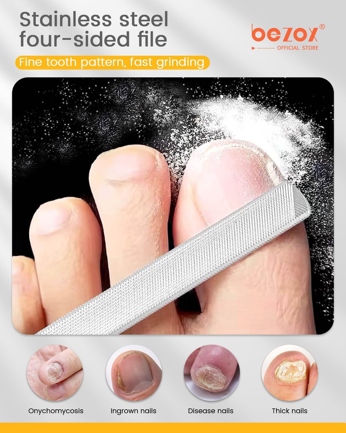 BEZOX Long Metal Nail File, Stainless Steel Fingernail File for Thick and Fungal Nails with Dual-Ended Toenail Lifter – The Ultimate Manicure & Pedicure Tool for Men and Women’s Nail Care - Black