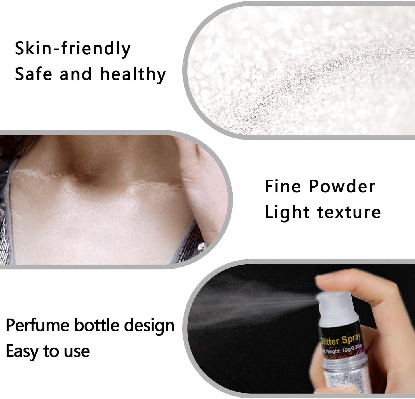 Hair and Body Glitter Spray, Holographic Glitter Highlighter Powder Spray, Unscented Hair Clothes Glitter Highlighter, Loose Glitter Spray Shimmer Powder Festival Rave Accessories, 10g (02 Peal White)