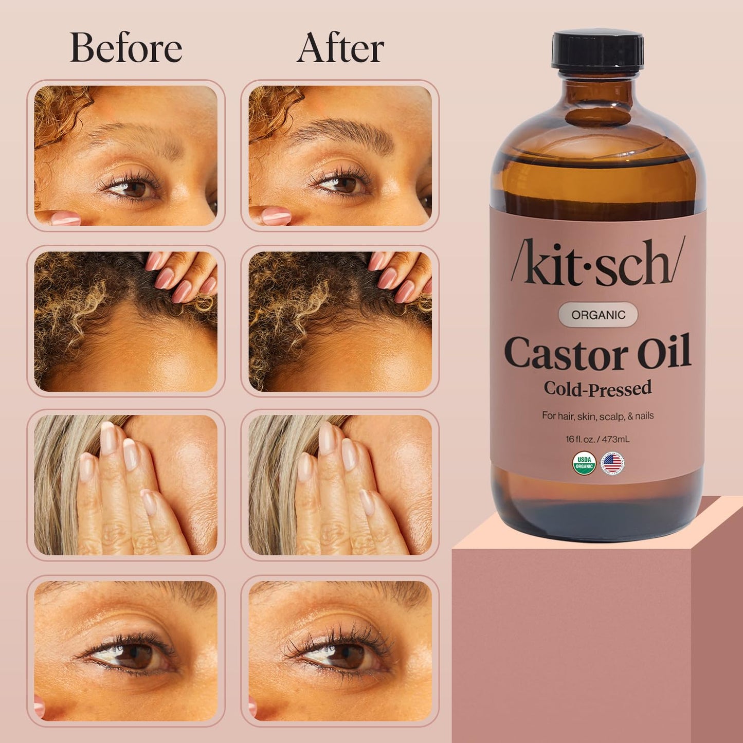 Kitsch Organic Castor Oil for Hair Growth - 100% Pure Castor Oil, Organic Cold Pressed Unrefined Glass Bottle for Face, Skin, Lashes, Brows, Scalp, Nails & Belly Button - Hexane Free, USDA - 16 oz