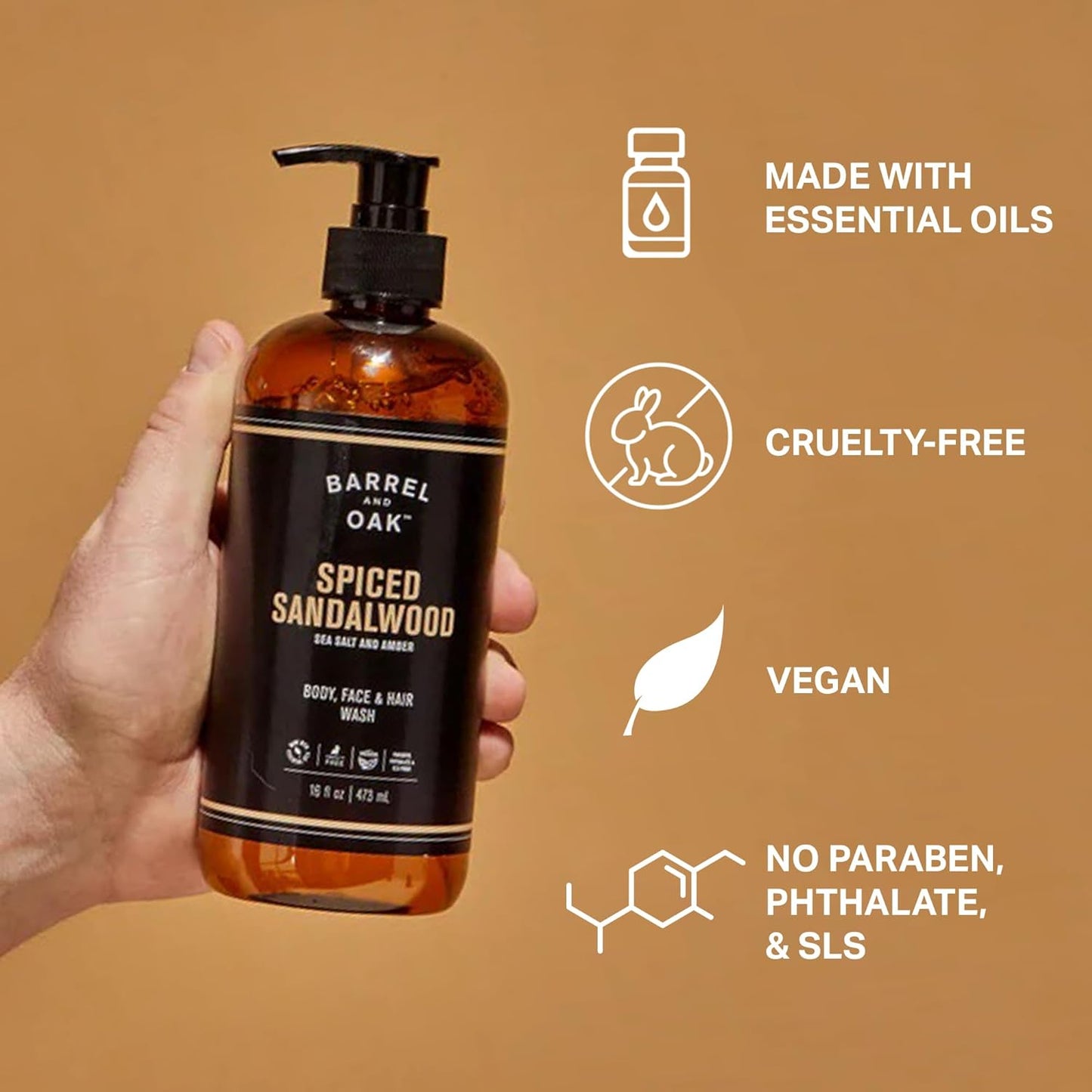 Barrel and Oak - All-In-One Body Wash, Men's Face, Hair, & Body Wash, Natural Exfoliator & Moisturizer, Hydrates Hair & Beard, Fragrant Amber Scent, Certified Organic (Spiced Sandalwood, 16oz)