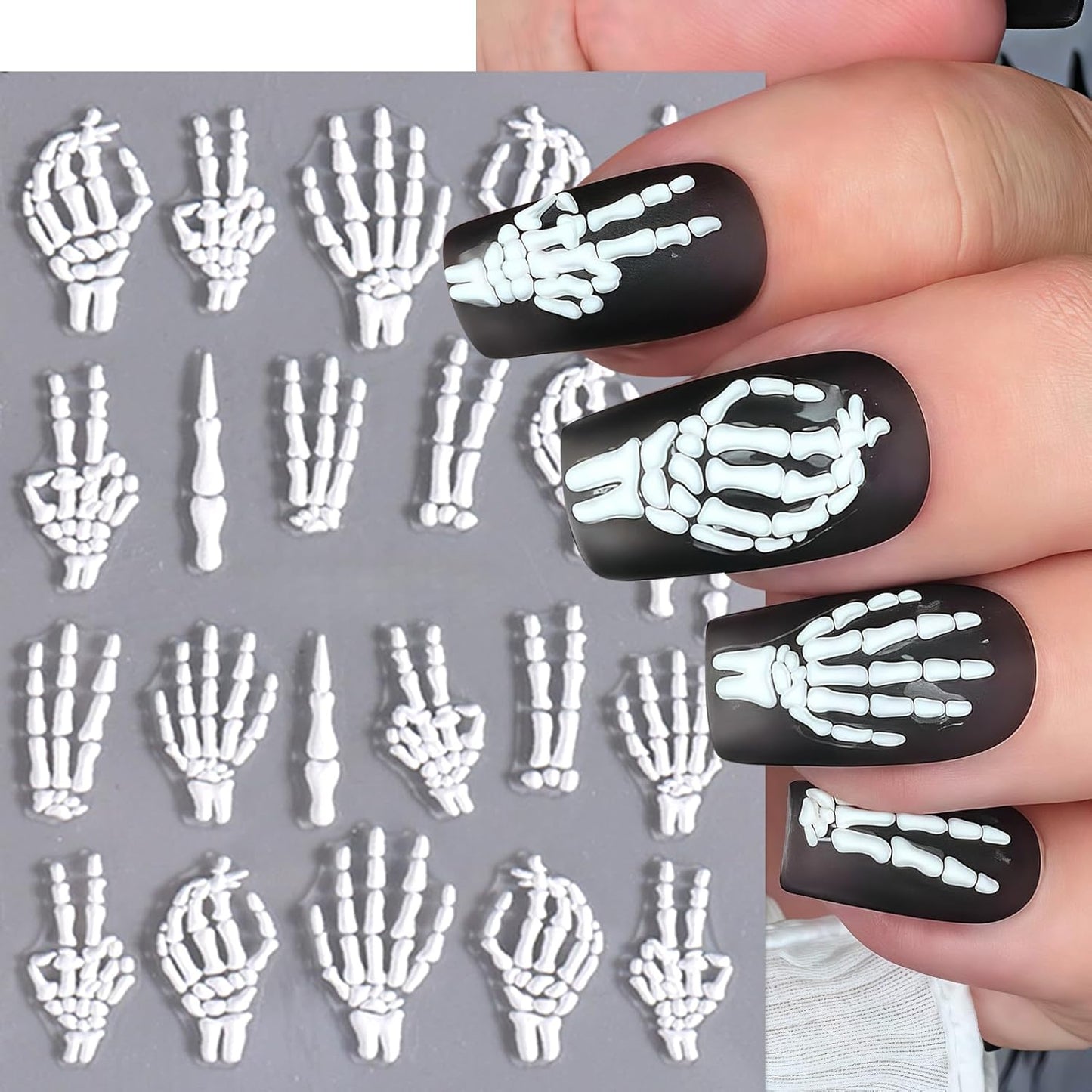 3 Sheets 5D Embossed Skull Nail Stickers for Nail Art Skeleton Nail Decals White Hand Bones Finger Skeleton Halloween Nail Art Supplies Gothic Nail Sticker for Women Halloween Nails Tips Decoration