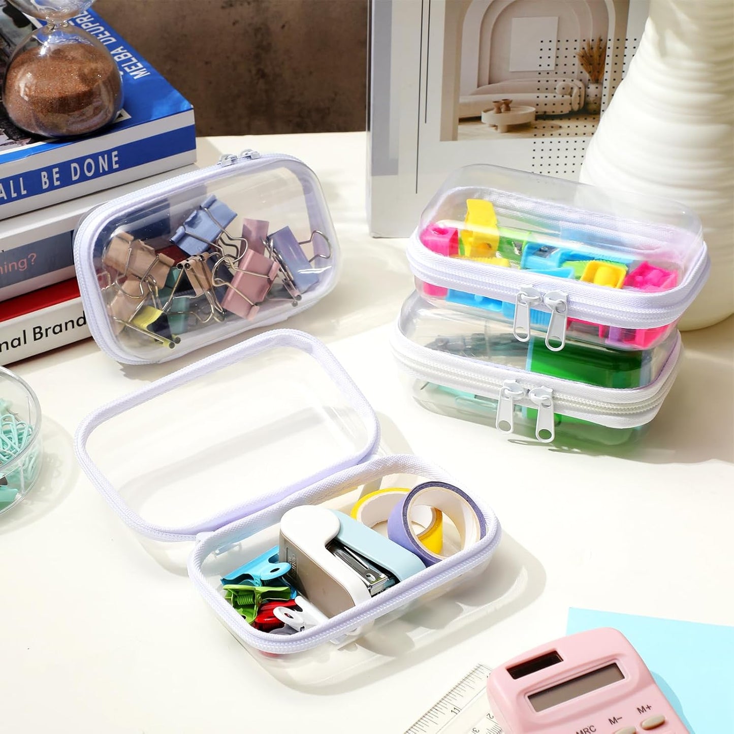 Hoolerry 4 Pcs Hard Clear Zipper Case Makeup Bags Plastic Pencil Pouch Transparent Storage Box Containers for Cosmetics, Snacks, Building Blocks, Puzzles(White,5 x 3 x 2 in)