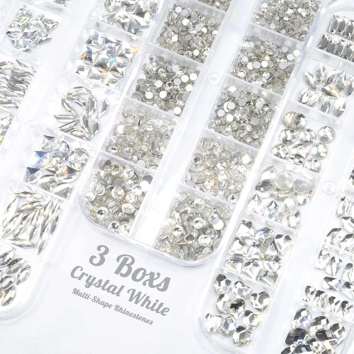 3 Boxes Silver Clear Nail Rhinestones 240 Multi-Shapes Crystal White Big Gems Stones Flatback Round Beads Glass Crystals Nail Art Charms for Arylic Nails Face Eyes Makeup Tumblers Bottles Shoes