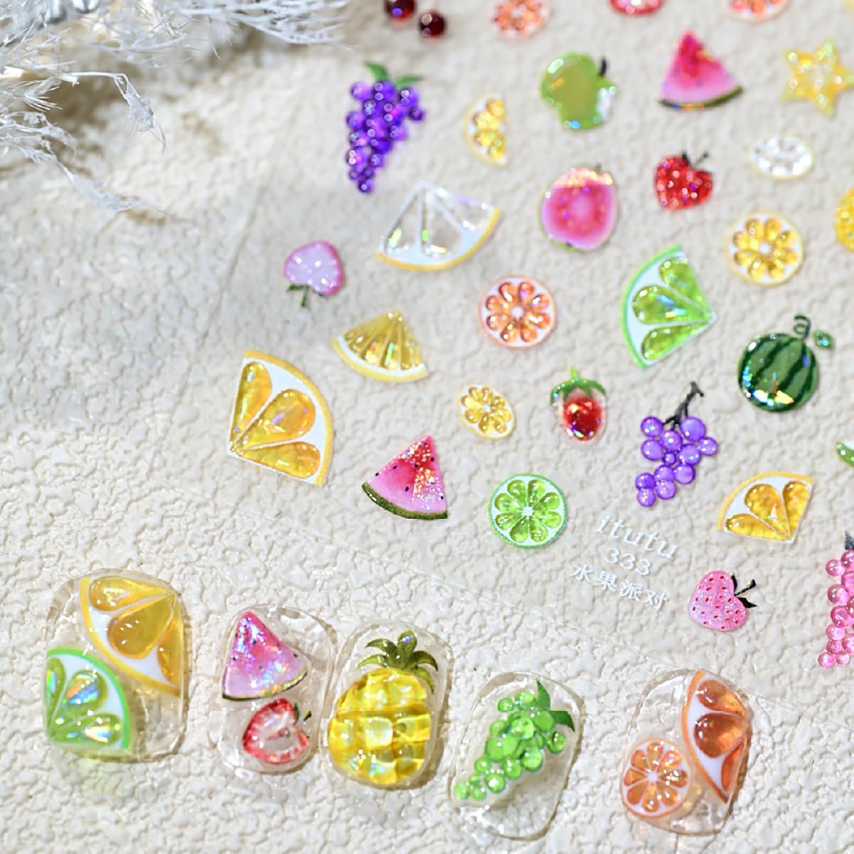 5D Embossed Summer Nail Stickers for Nail Art Self-Adhesive Fruit Nail Art Stickers Strawberry Grape Lemon Apple Cherry Nail Designs Cute Nail Decals Supplies for Women Acrylic DIY Nails Decoration