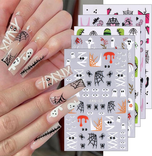 6Sheets Halloween Nail Stickers - Cute Ghost Nail Decals, 3D Self-Adhesive Pink Pumpkin Spider Web Mummy Ghost Nail Art Design Stickers for Women