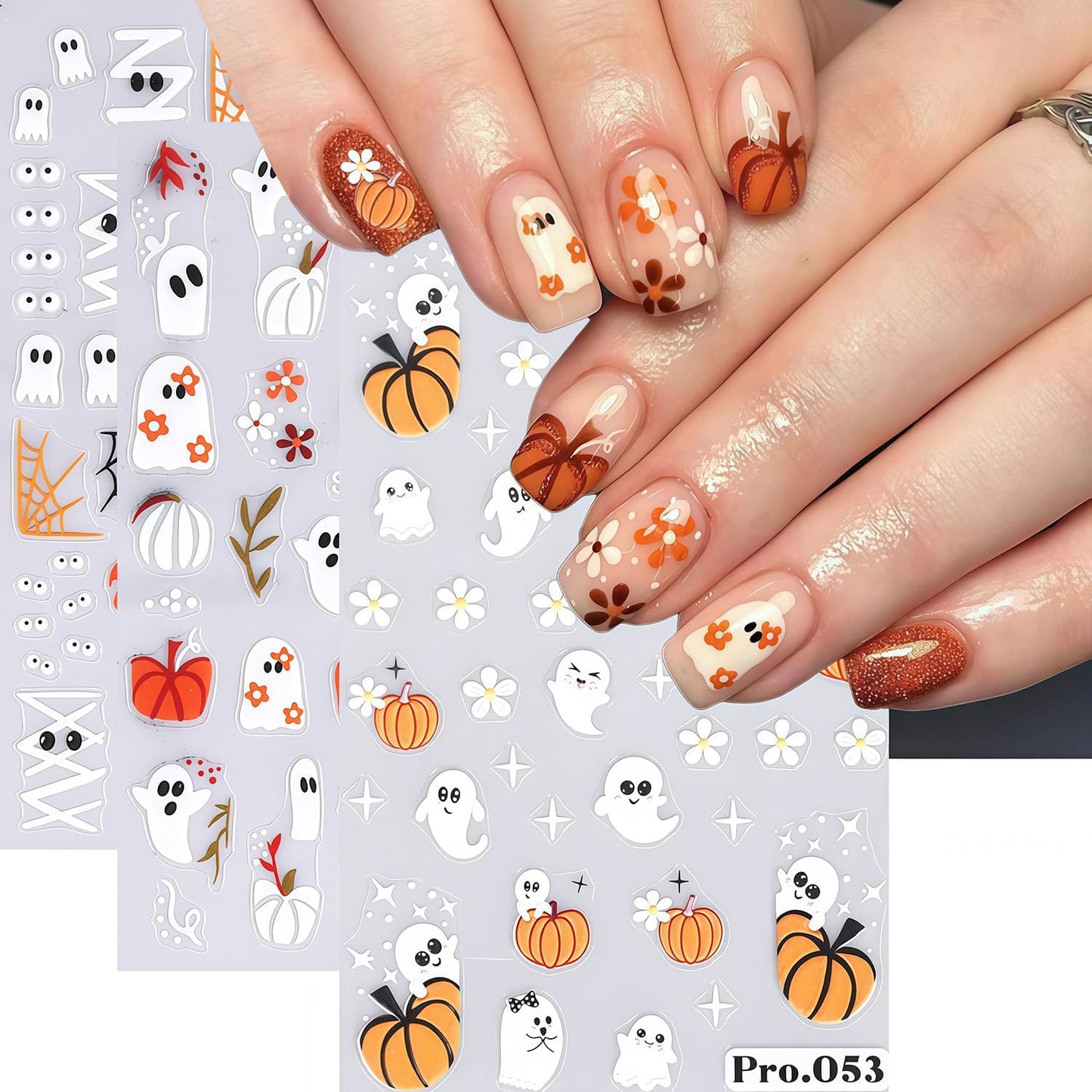 6 Sheets Halloween Nail Art Stickers 3D Self-Adhesive Cute Ghost Spider Spider Web Pumpkin Nail Stickers Black Spiders Pattern Nail Sticker for Day of The Dead Holiday Nails Decor Accessories