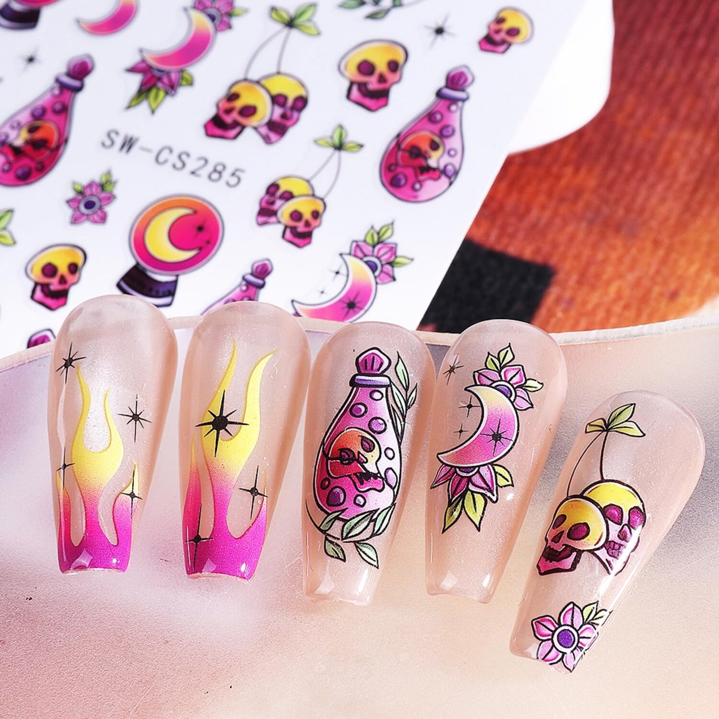 Halloween Nail Stickers for Nail Art Cute Ghost Black Cat Pumpkin 3D Self-Adhesive Nail Decals Nail Art Supplies Ghost Skull Flame Pumpkin Nails Design Manicure Stickers for Nails Decoration 6Sheets