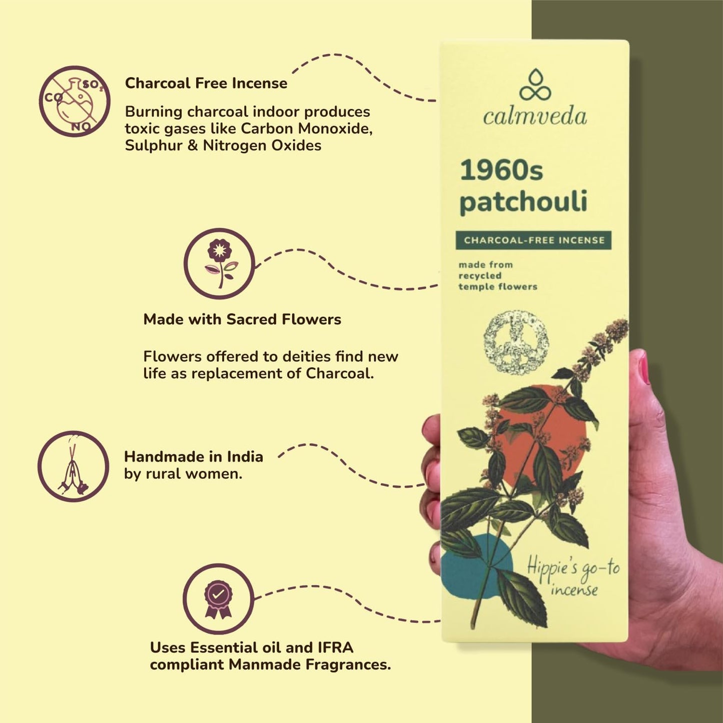 1960s Patchouli Incense Sticks Pack - (80 Sticks) Charcoal Free Incense, Made from Upcycled Flowers | Organic Incense Sticks Non Toxic | Relaxation Pachouli Incense for Calming