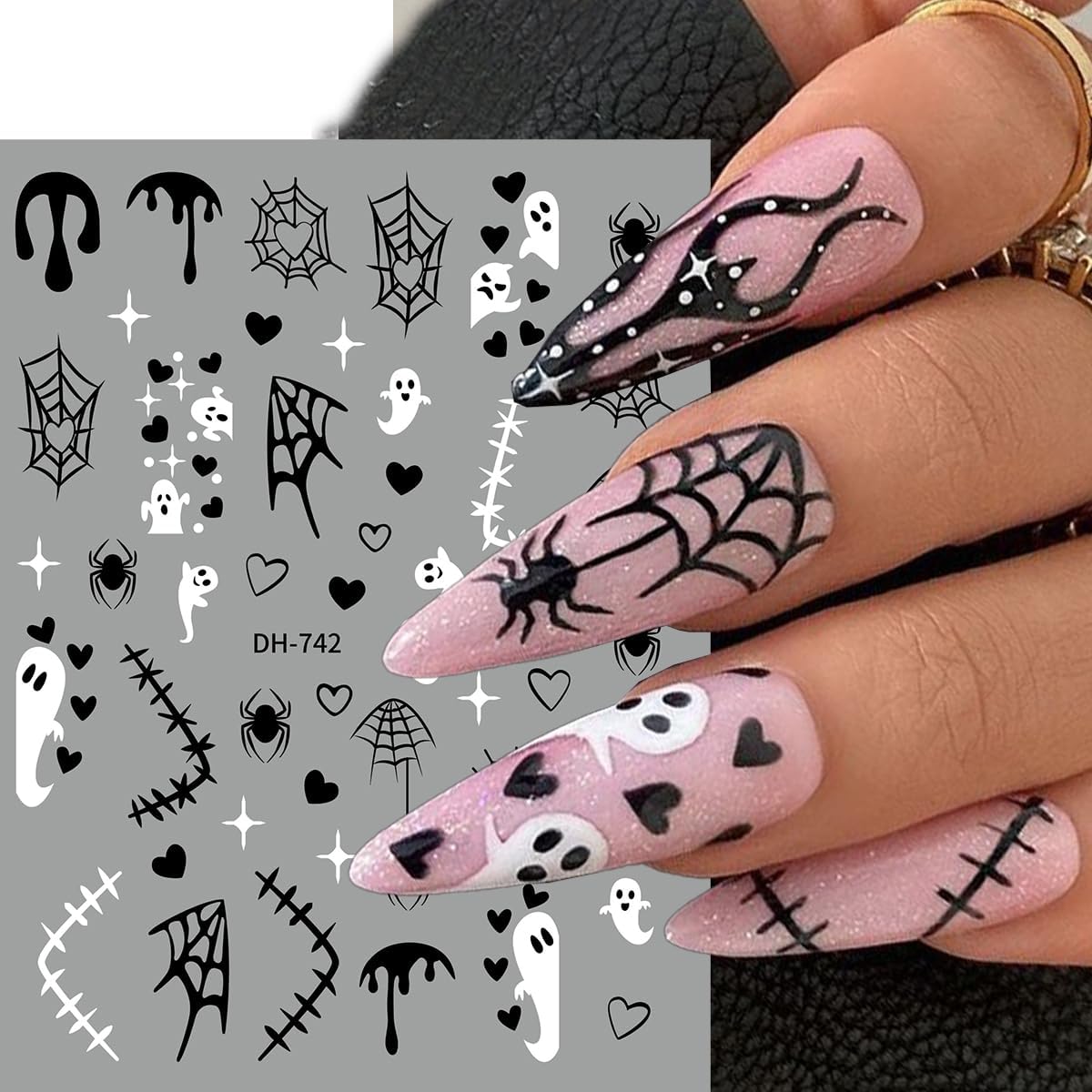 Halloween Nail Stickers Spider Web Nail Decals Pumpkin Nail Art Stickers Ghost Heart Star French Tips Design Self Adhesive Nails Sticker for Nails Art for Women DIY Holiday Manicure Supplies 8 Sheet