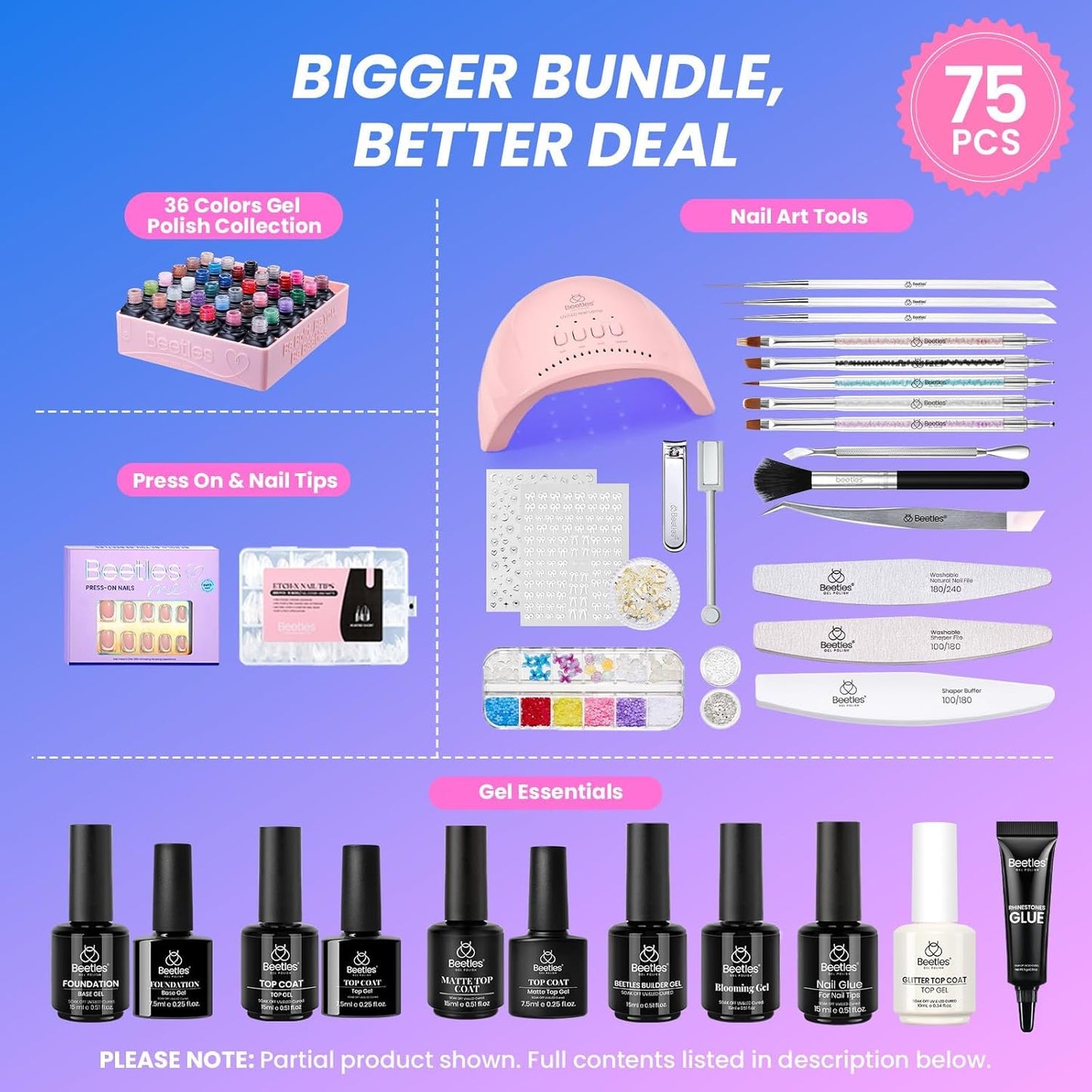 Beetles Gel Nail Polish Kit with U V Light - Gift Box Wild Gleam Collection 36 Colors Nail Polish Kit 75 Pcs for Women Girls Gel & Top Base Coat with Brushes & False Nails Tip Must Have Salon at Home