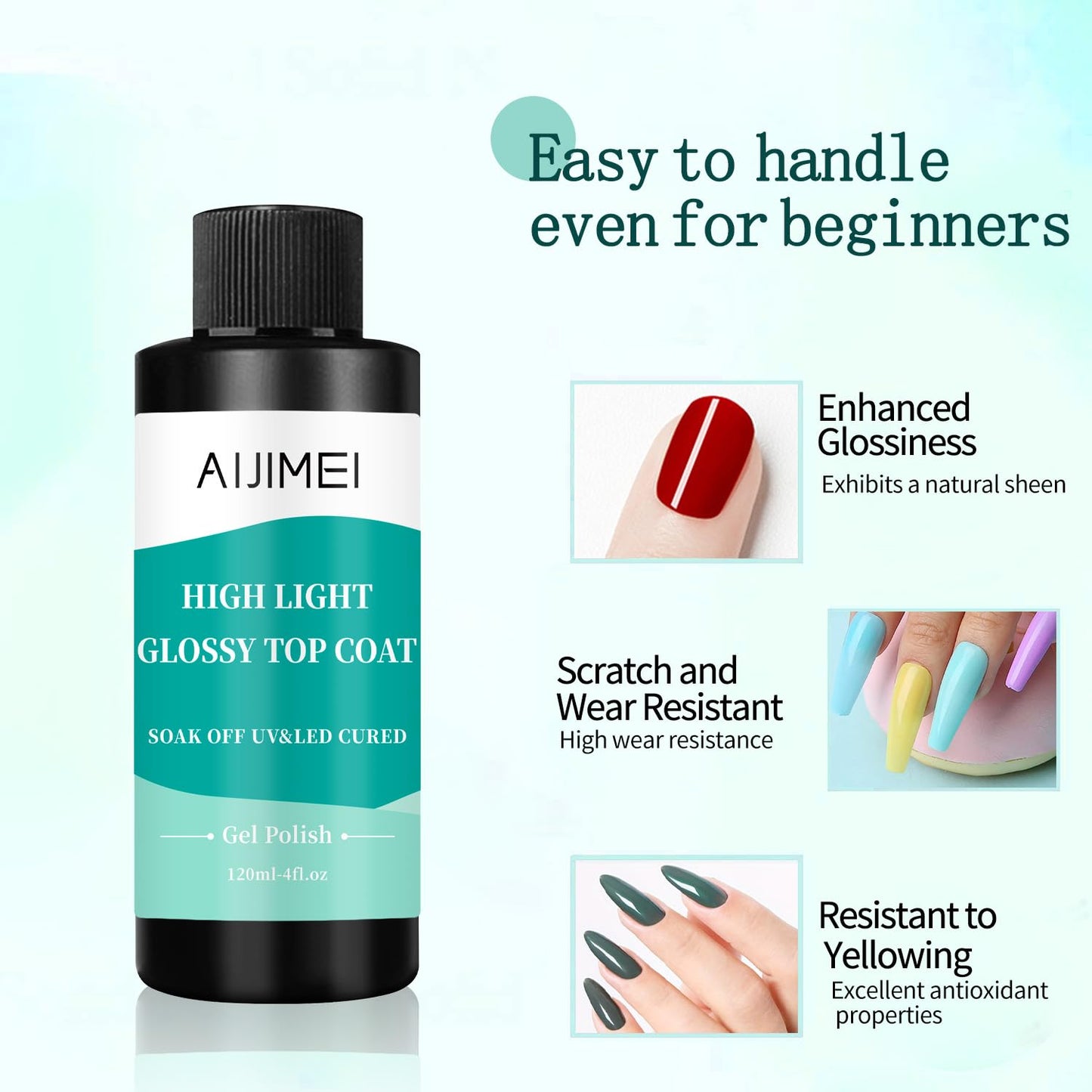 AIJIMEI 120ml High Shine Glossy Top Coat for Nails Long Lasting, Smooth TopCoat, High Light Glossy Top Coat for DIY Nail Art Use Enhance Your Manicure with Brilliant Reflection 4 Fl Oz