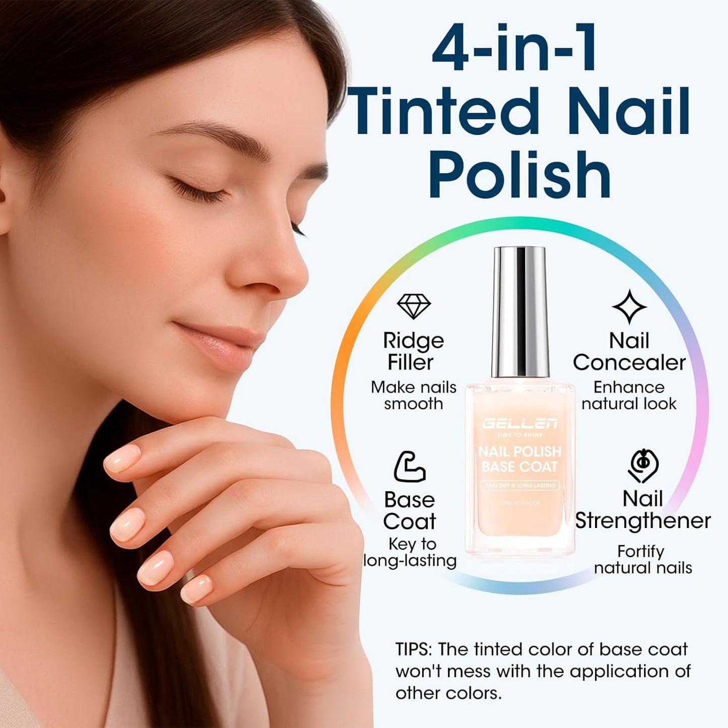 GELLEN 4‑in‑1 Clear Nail Polish Base Coat Sheer Tinted Cream Milky, Ridge Filler For Nails, Nail Strengthener Concealer, Calcium Formula Smoothes Strengthens Nails, Enhances Natural Look, HEMA Free