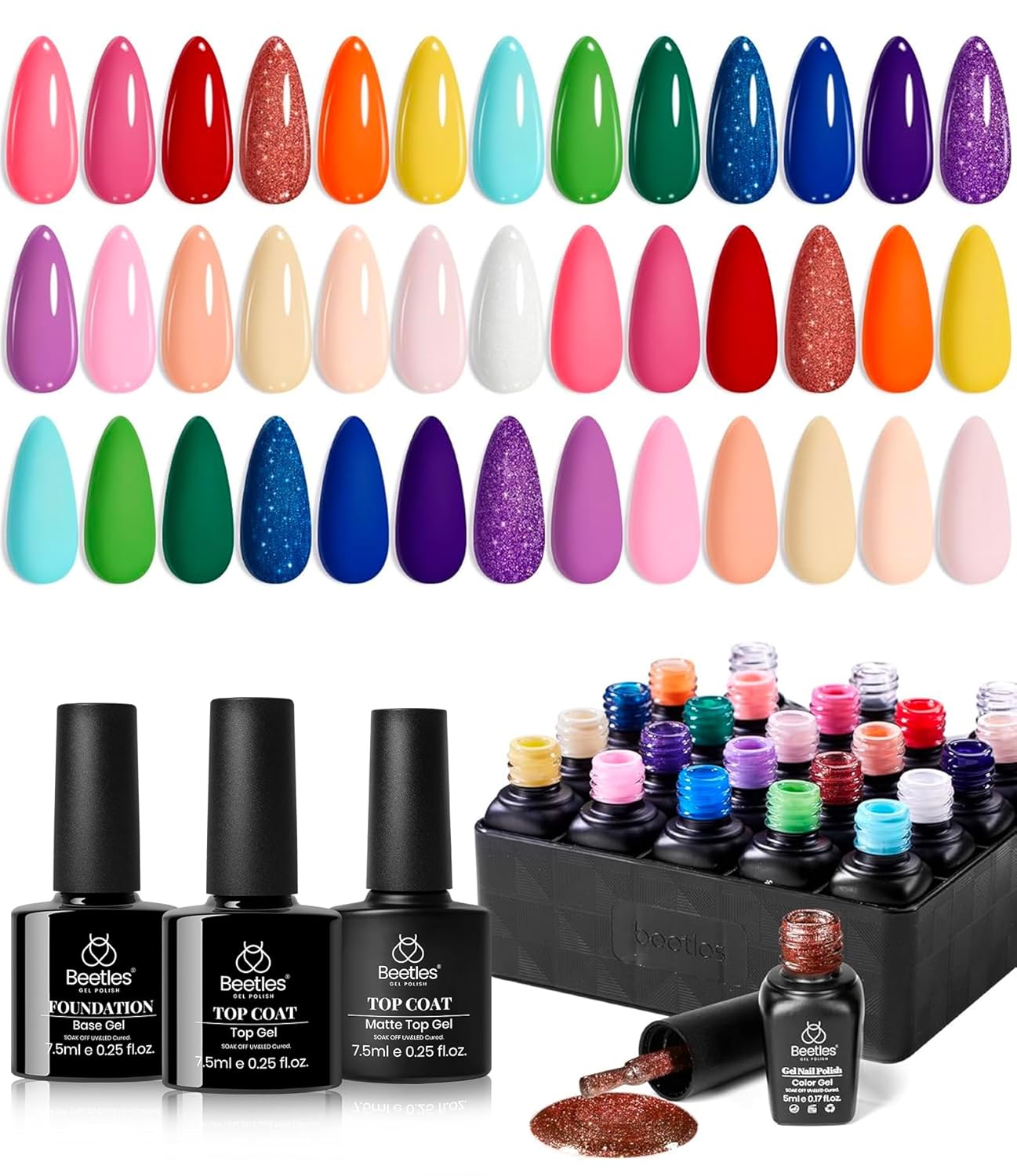beetles Gel Polish Set, 23pcs Rainbow Gel Nail Polish Pink Orange Green Red Glitter Color with Base Glossy and Matte Top Coat Manicure Kit Shoujo Manga Soak Off Uv Led Gifts for Women