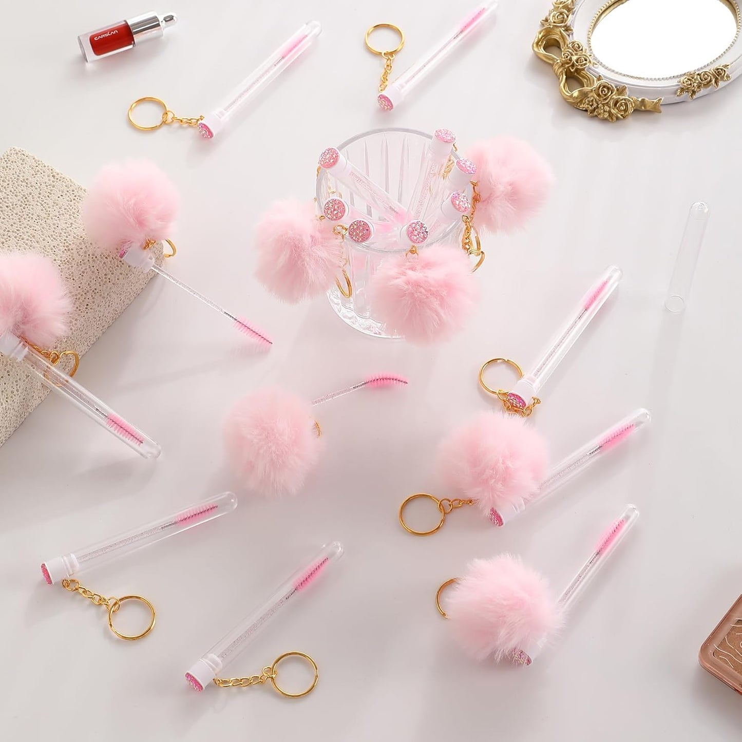 Upgrade 48 Pieces Disposable Mascara Wands Set,Include 24 Pcs Crystal Lash Spoolies Brush and 24 Pcs Reusable Keychain Empty Eyelash Brush Tubes