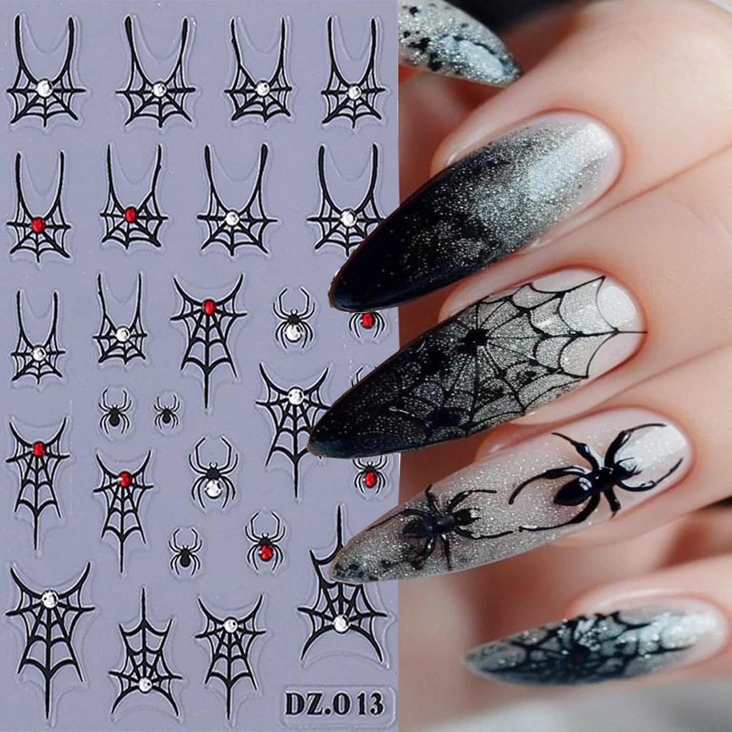 5 Sheets Halloween Nail Art Stickers 3D Self -Adhesive Spider Web with Rhinestones Design Nail Decals Holographic Diamond Spider Nail Stickers Halloween Nail Decoration for Women Manicure Supplies