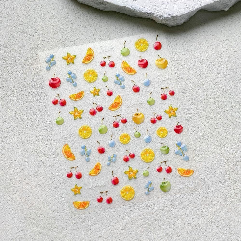 5D Embossed Fruit Nail Stickers Purple Grapes Nail Designs 3D Self-Adhesive Pineapple Lemon Nail Decals Summer Red Cherry Nail Art Decoration for Women Girls DIY Manicure 2 Sheets