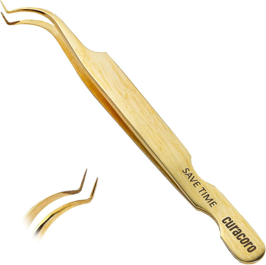Curacoro Lash Tweezer - Professional & Precision Fiber Tip Grip Lash Tweezers for Eyelash Extensions, Multi Shapes & Purposes Tweezers for Volume, Isolation & Classic Lashes (Gold, Save Time)