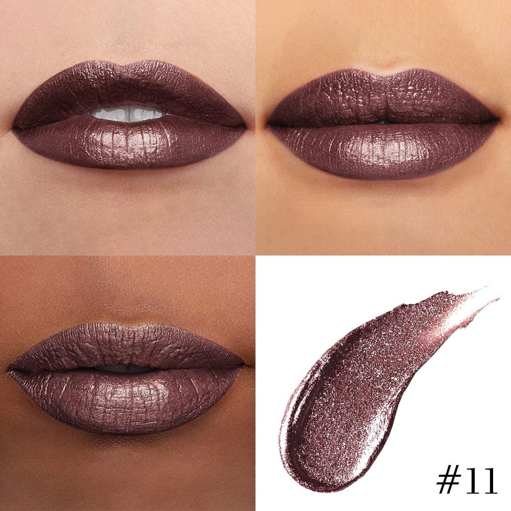 evpct Dark Brown Metallic Glitter Lip Liner and Lipstick Combo Lip Gloss Stain Set Makeup for Women Long Lasting Waterproof 24, Chocolate Metallic Shimmer Frosted Iridescent Shiny Liquid Lipstick 11