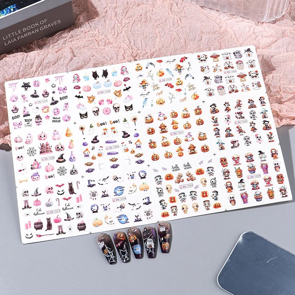 Halloween Pumpkin Nail Art Stickers Decals, 12Pcs Cute Ghost Skeleton Bat Pattern Water Transfer Nail Foils Decals for Halloween Nail Art Decoration Watermark Acrylic Stickers for Manicure DIY Supply