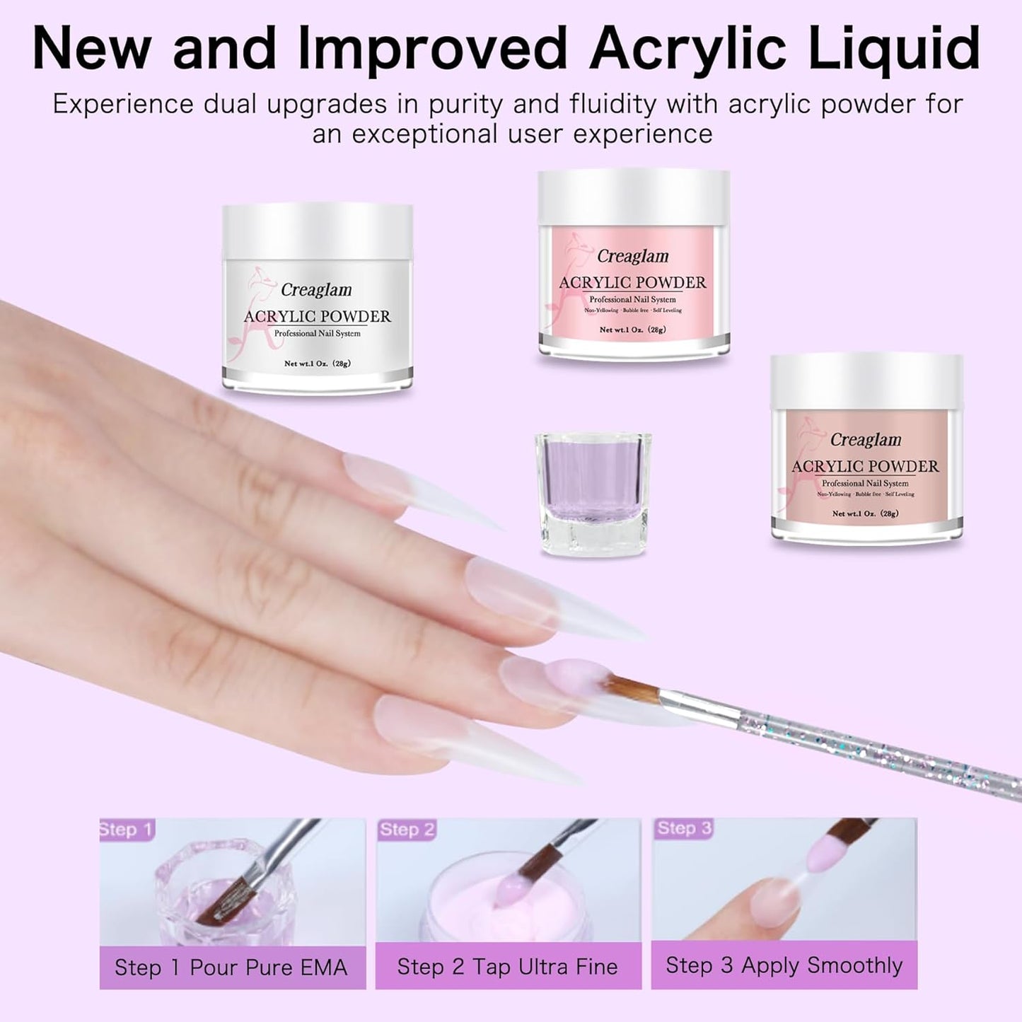 Acrylic Powder Nail Kit: 3 Colors 1Oz Pink Clear Acrylic Powder Set - 28g Large Capacity Dark Pink Nails Gel Glue Polish with 60ml Liquid for Beginners Home DIY with Brush Forms and Tools