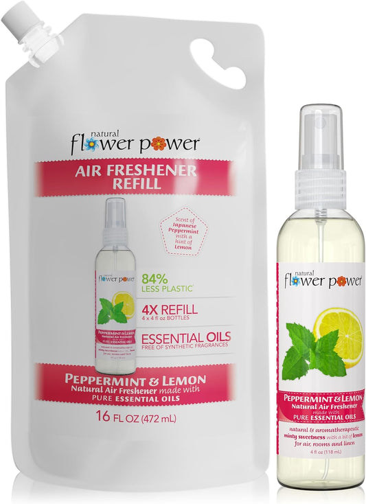 Air Freshener Spray Refills - Odor Eliminator w/Essential Oils - Home, Car & Fabric - Cruelty Free & Vegan – Peppermint & Lemon Spray 4 fl oz + Refill 16 fl oz Combo