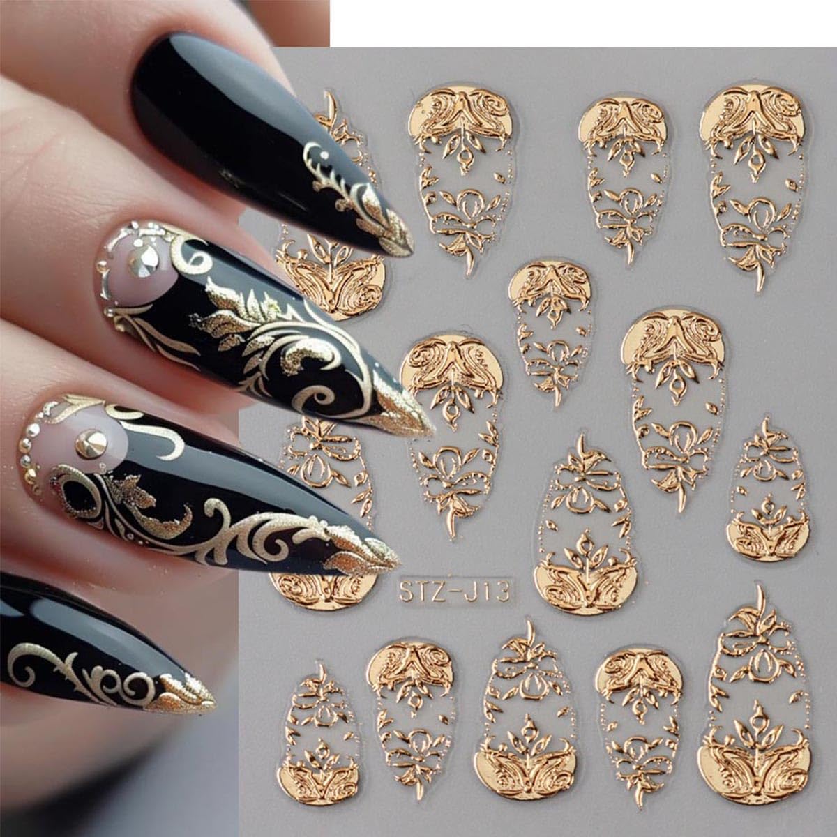 5D Embossed Flower Nail Art Stickers 3 Sheets Metallic Retro Totem Nail Decals Gold Silver Flowers Heart Tree Nail Stickers Luxury Nails Design Supplies French Tip Manicure Accessories for Women DIY