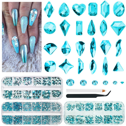 3 Boxes Aquamarine Nail Rhinestones Multi-Shapes Lake Blue Big Gems Stones K9 Glass Water Blue Flatback Round Beads Crystals Nail Art Charms for Nails Face Eyes Makeup Crafts Tumblers Bottles