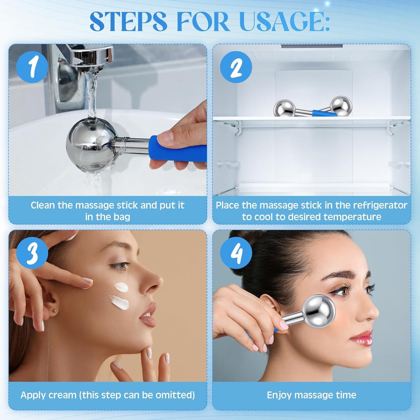 Baderke 2 Pcs Ice Globes for Face Stainless Steel Cooling Globes Unbreakable Cooling Roller Women Ice Balls Cryo Sticks Face Skin Care for Dark Circles, Puffiness(Silver (blue Handle))