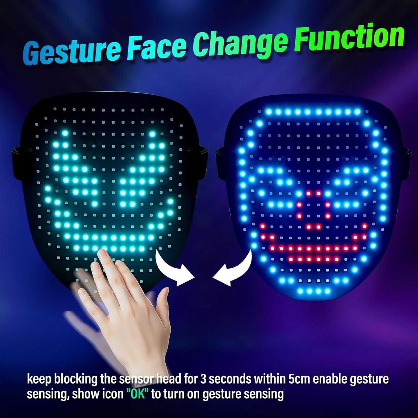 arscniek LED Face Mask with Gesture Control – Rechargeable Light Up Halloween Masks Costume for Adults & Kids, Glowing Transformable Cosplay Mask for Parties, Christmas, Concerts
