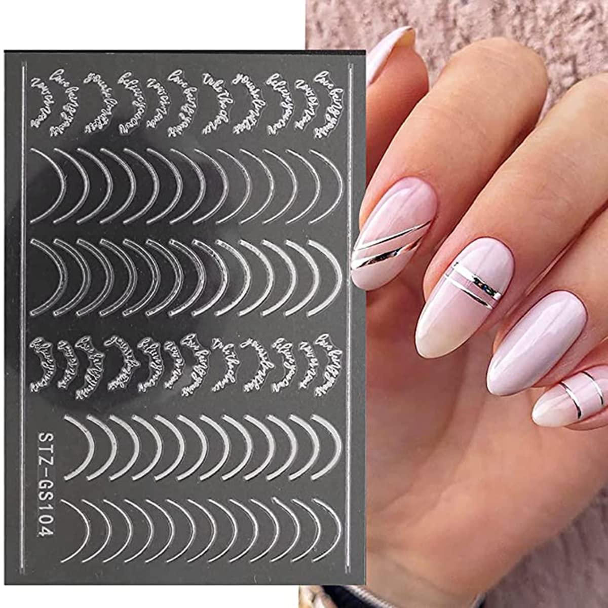8 Sheets Line Nail Art Stickers Rose Gold Silver Metal Nail Stickers Nail Art Supplies 3D Metallic Curve Stripe Wave Lines Nail Decals French Nail Designs Accessories Striping Tape Wavy Nail Decor