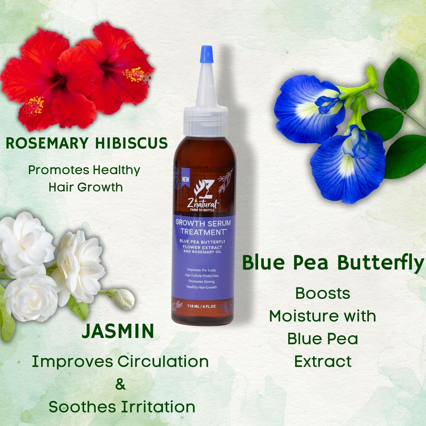 Z’Natural Scalp Hair Growth Treatment Oil – Natural Hair Oil with Blue Pea, Rosemary, Hibiscus, Jasmine & Moringa – Strengthens, Nourishes & Revitalizes Hair – Organic Oils 4Fl Oz