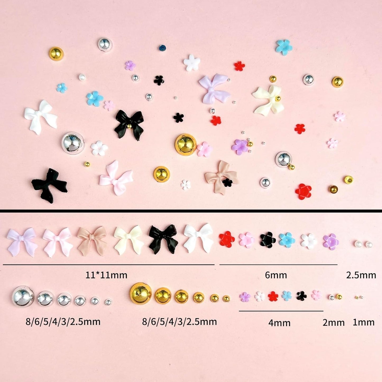 3D Bow Nail Charms Kit, Colorful Resin Flower Bowknot Nail Art, Mix Gold Silver Flatback Beads Charms for Manicure DIY Crafts Jewelry Accessories