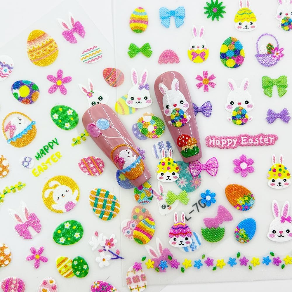 6 Sheets Glitter Easter Nail Art Stickers Easter Egg Rabbit Nail Decals 3D Self Adhesive Cute Chicken Eggs Nail Art Supplies Cartoon Bunny Carrot Nail Supplies Stickers for Women DIY Nail Decorations