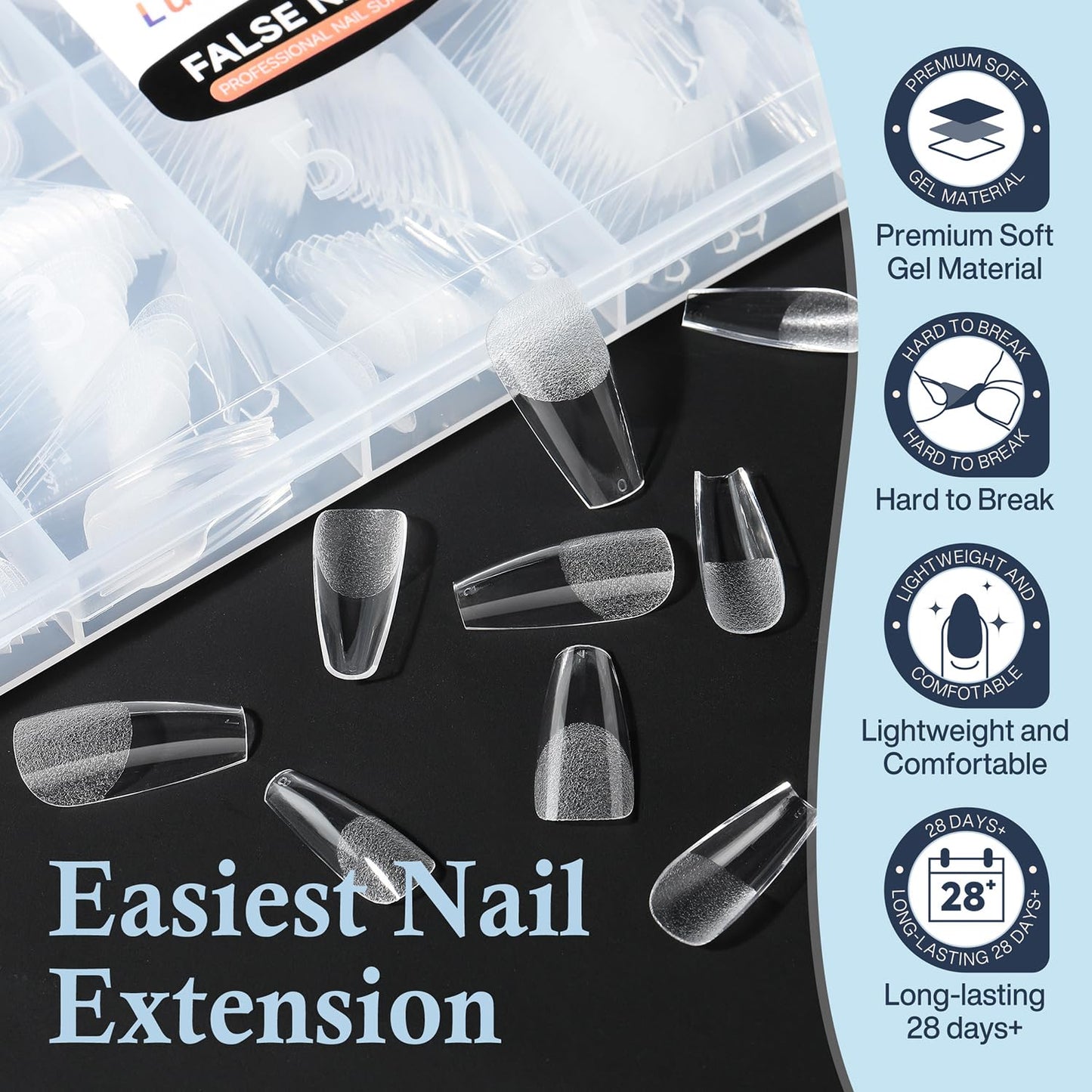 Medium Coffin Gel Nail Tips, 504pcs Soft Gel Pre-Shaped Acrylic Fake Nails, Half Matte Full Cover Clear Press on Flase Nail Tips for Extension Nail Manicure Home DIY 12 Sizes Gelly Tips