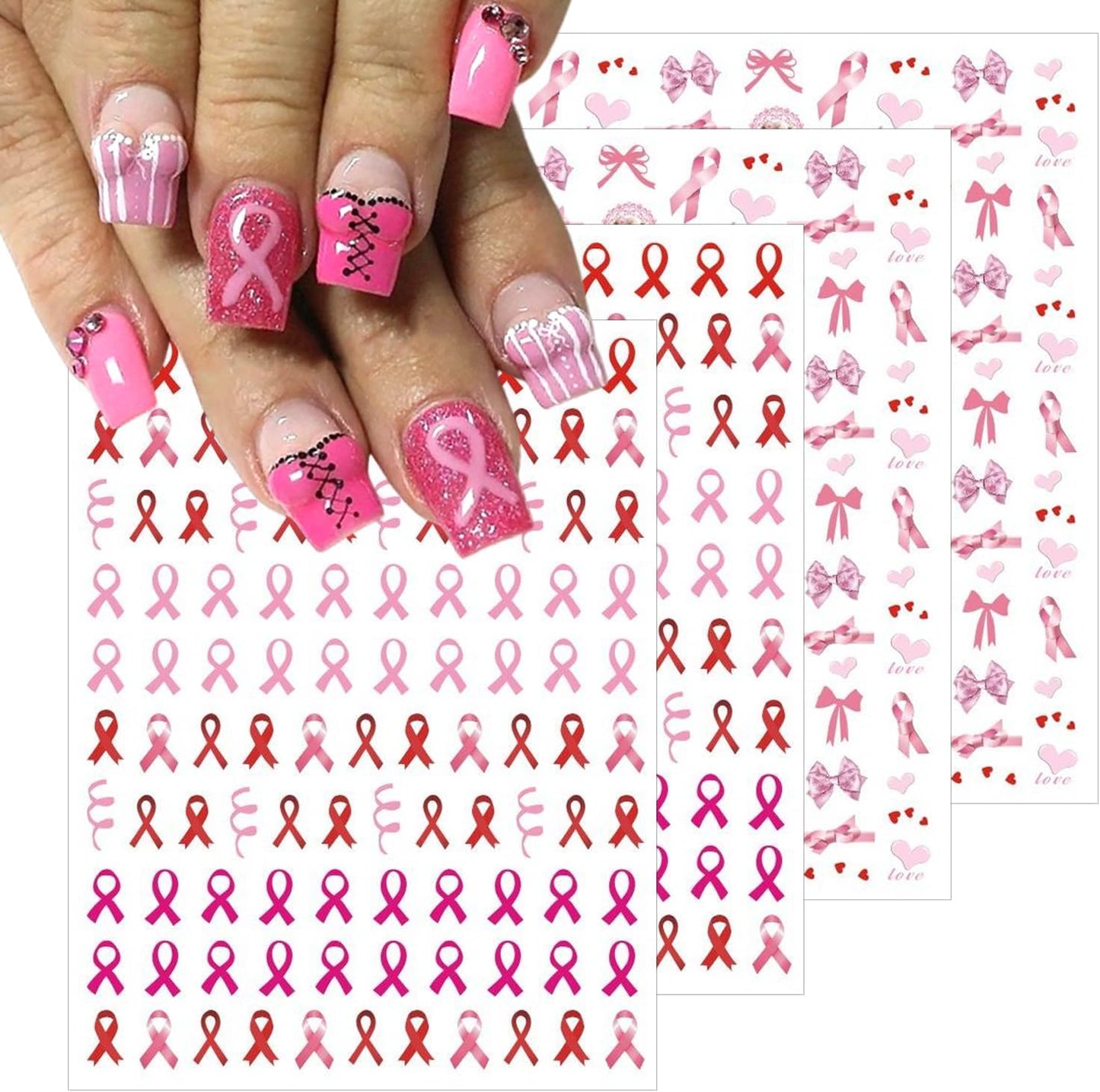 Breast Cancer Awareness Nail Decals - 4 Sheets Self-Adhesive Pink Ribbon Designs for Women DIY Supplies