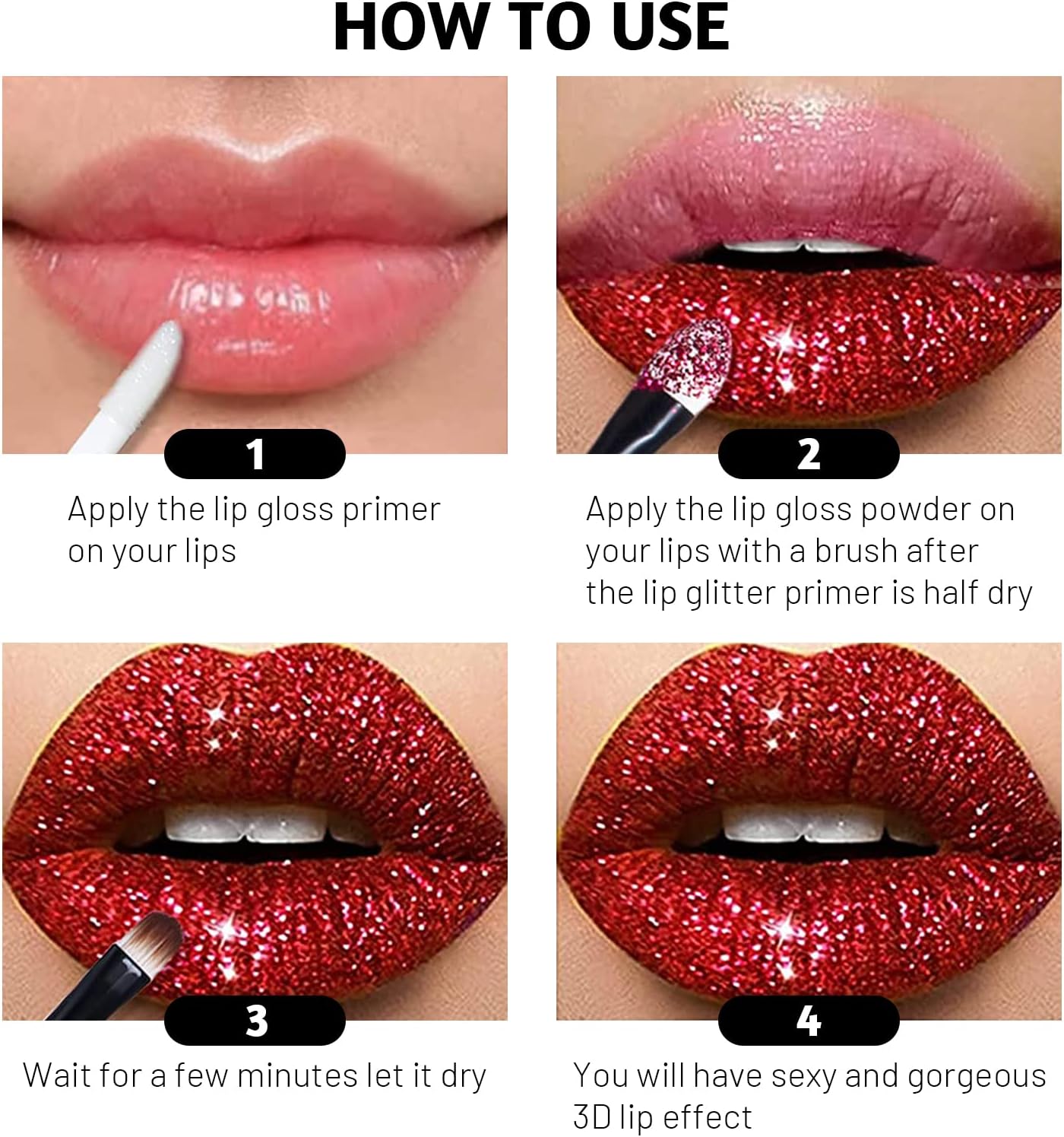 3 Colors Glitter Lip Kit, Diamond and Metallic Powder With Primer, Waterproof Long Lasting & Smudge Proof, Shimmer Sparkly Cosmetic Without Sticky Flake Off Set C