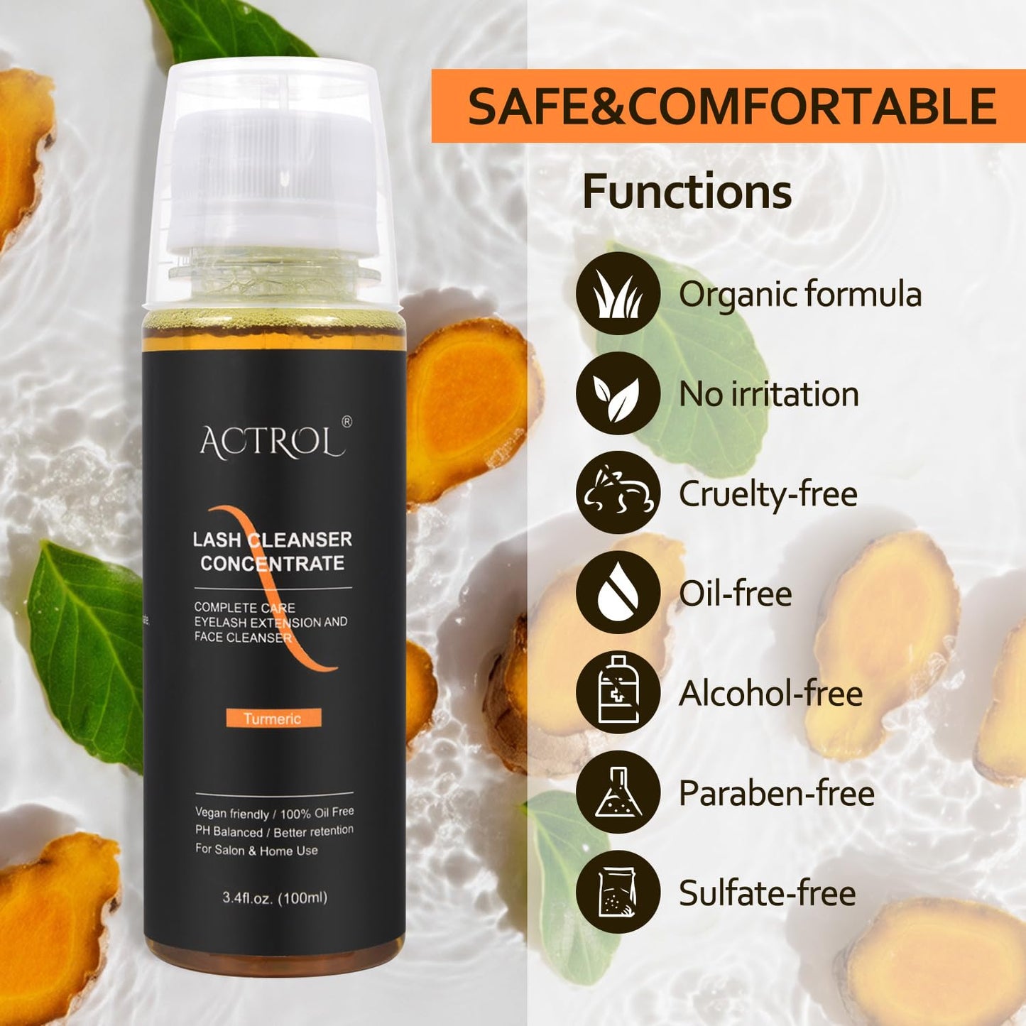 Eyelash Shampoo Concentrate 100ml Lash Extensions Cleanser Concentrate Turmeric Foaming Shampoo Paraben & Sulfate Free Wash for Extensions Lashes with Salon Home Care-Makes 60ml Bottles