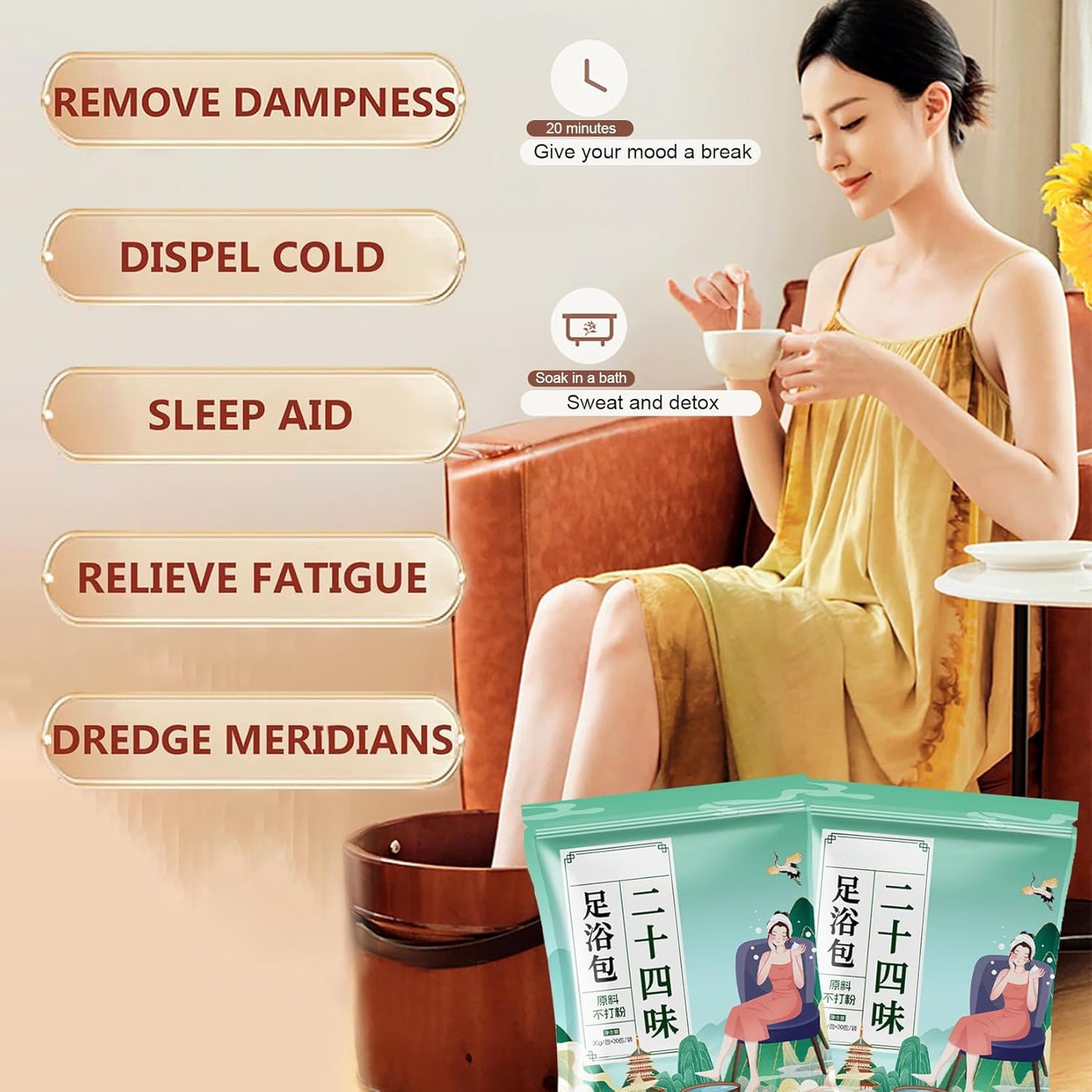 30 Bags Herbal Foot Soak,Foot Bath Herb,Foot Spa Bath Soak Foot Detox Soak to Remove Toxins,Relieve Fatigue & Dispel Cold and Remove Dampness 艾草排湿排寒泡脚包 900g(30 bags*30g) (Green A, 30.5x40.5CM)