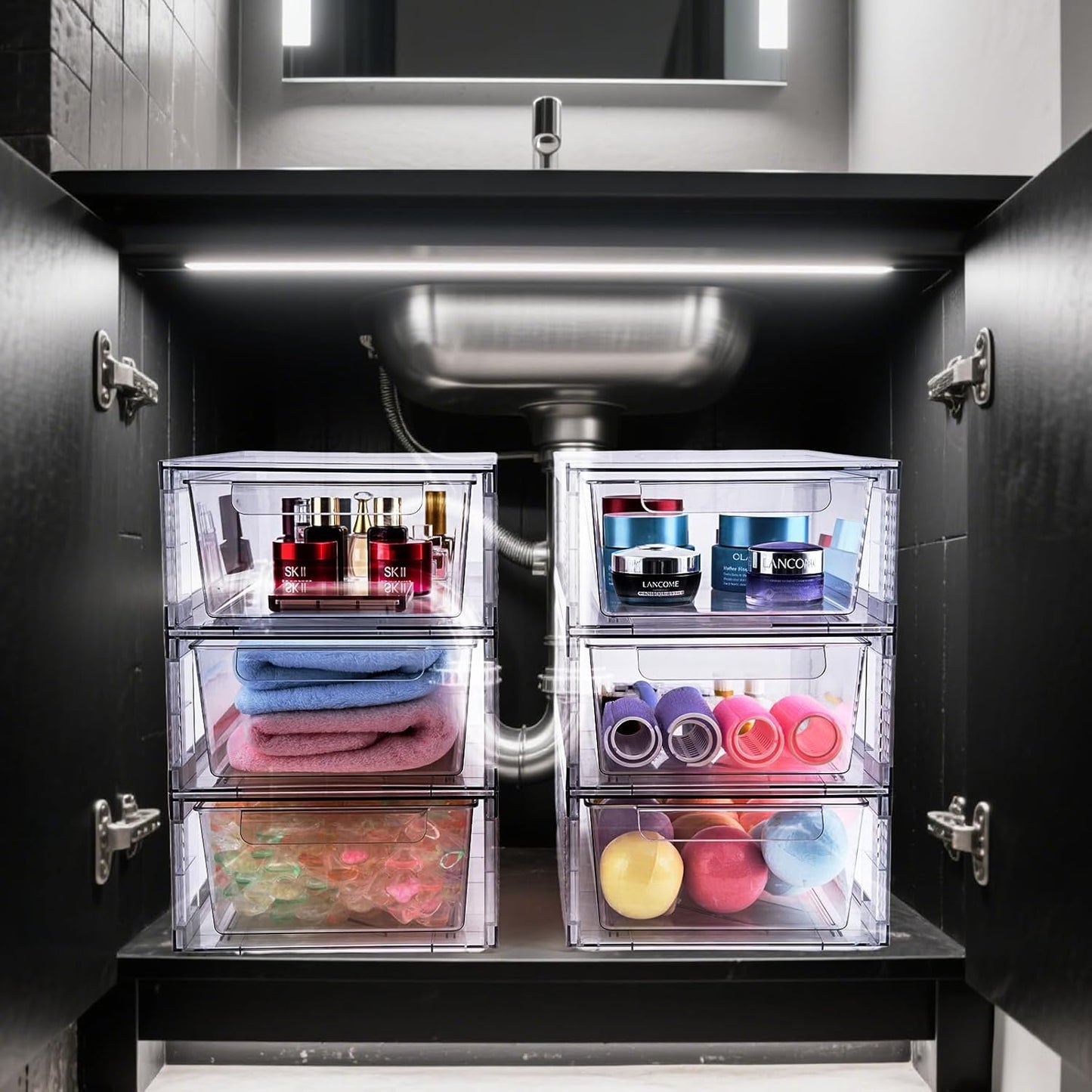 4 Pack Clear Stackable Storage Drawers, 3.95" H Easily Assemble Acrylic Organizer Bins - Multi-Use for Make up, Closet, Pantry, Bathroom, Medicine, Kitchen Cabinet & Undersink Organization