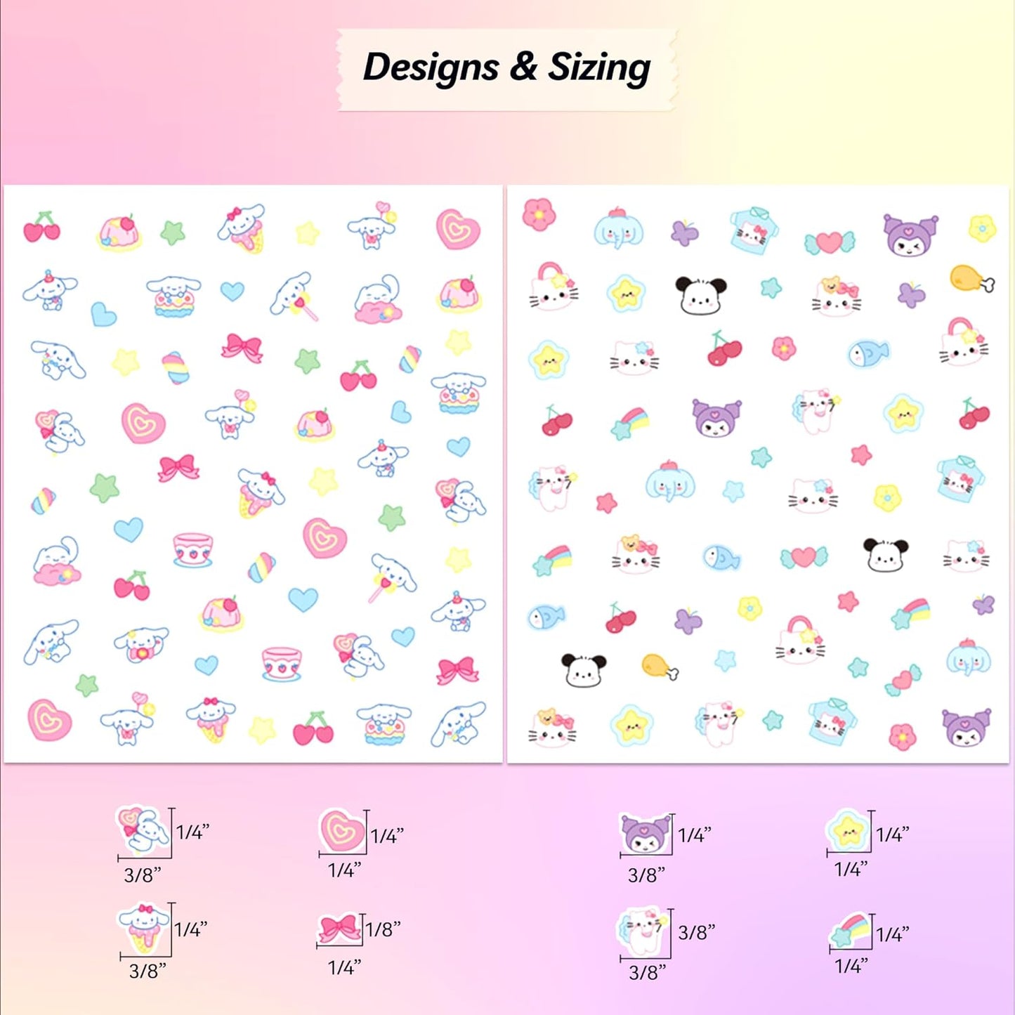 4 Sheets of 3D Nail Stickers - 274 Cute Nail Decals - Embossed Nail Stickers for Kids | Kawaii Theme - Stars, Hearts, Bunny, Pink Bear, Puppy, Cats | Glow in The Dark