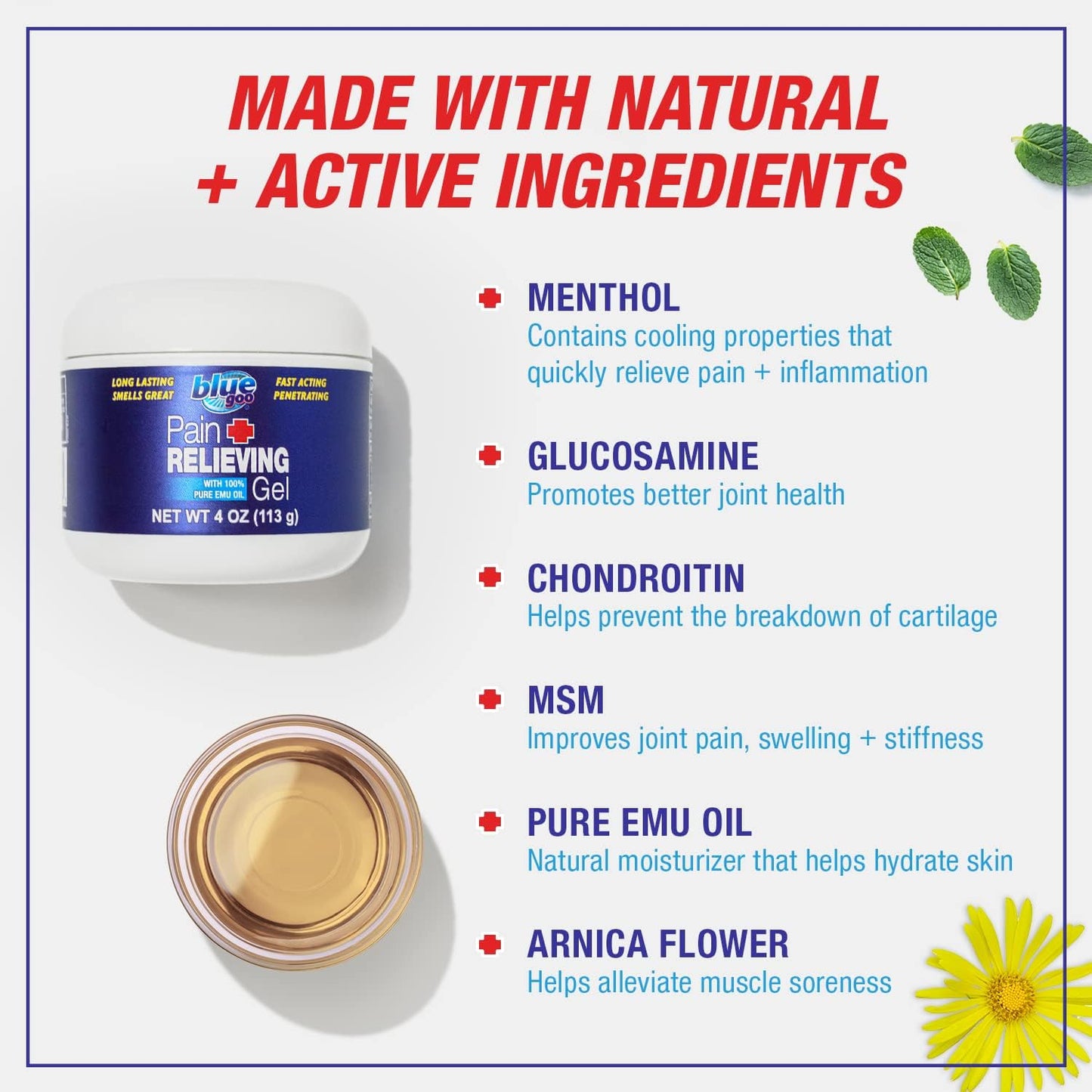 Blue Goo Pain Relieving Gel – for Back, Neck, Muscle and Joint Pain, Fast-Acting Cooling and Soothing Relief with 100% Pure Emu Oil, 4 oz (2 Pack)