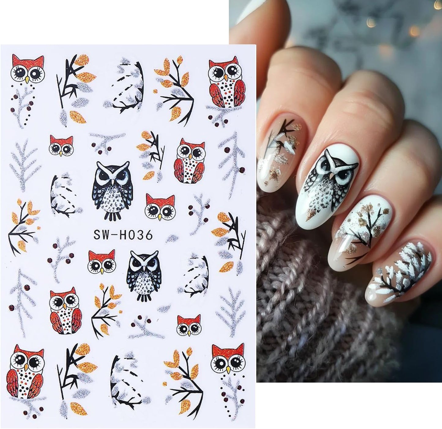 4pcs Christmas Nails Stickers Silver Glitter Leaves Line Owl Nail Art Design 3D Self-Adhesive Nail Decals Xmas Nail Sticker DIY Autumn Winter Manicure Art Supplies Decoration Accessories
