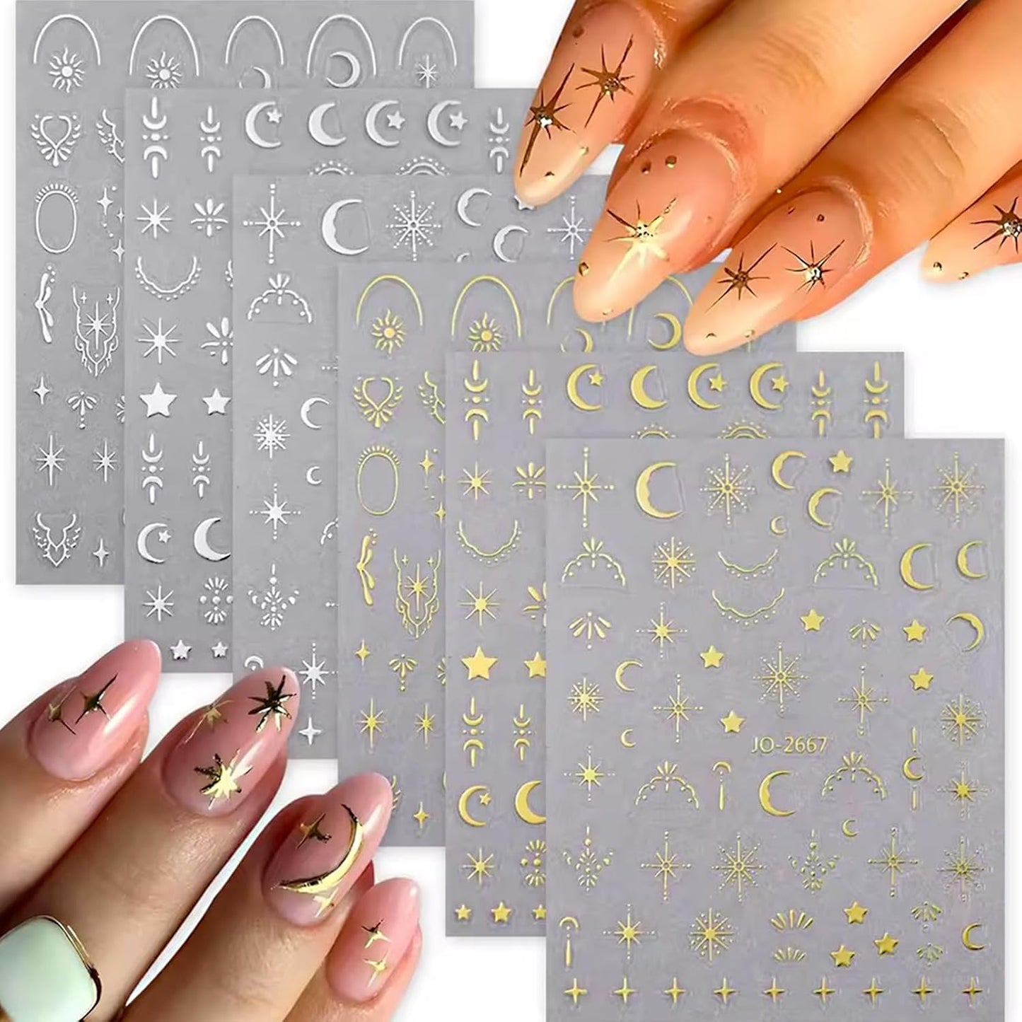 6 Sheets Star Nail Art Stickers 3D Self-Adhesive Pegatinas Uñas Silver Gold Nail Stickers Star Moon Nail Decals for Nail Art Design Decoration Accessories for Women Girls DIY