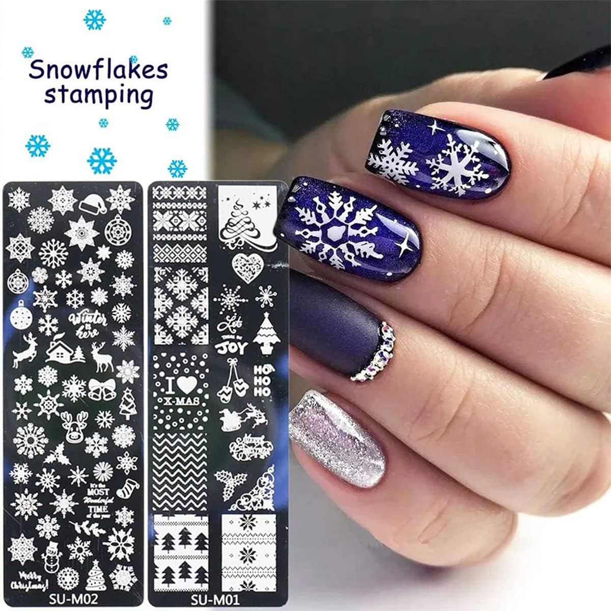 6Pcs Christmas Nail Stamp Template Kit 1 Silicone Stamper 1 Scraper Winter Snowflakes Nail Art Stamping Plates Xmas Snow Deer Bells Pine Tree Nail Stamping Image Stamp for Women Nail Art Supplies
