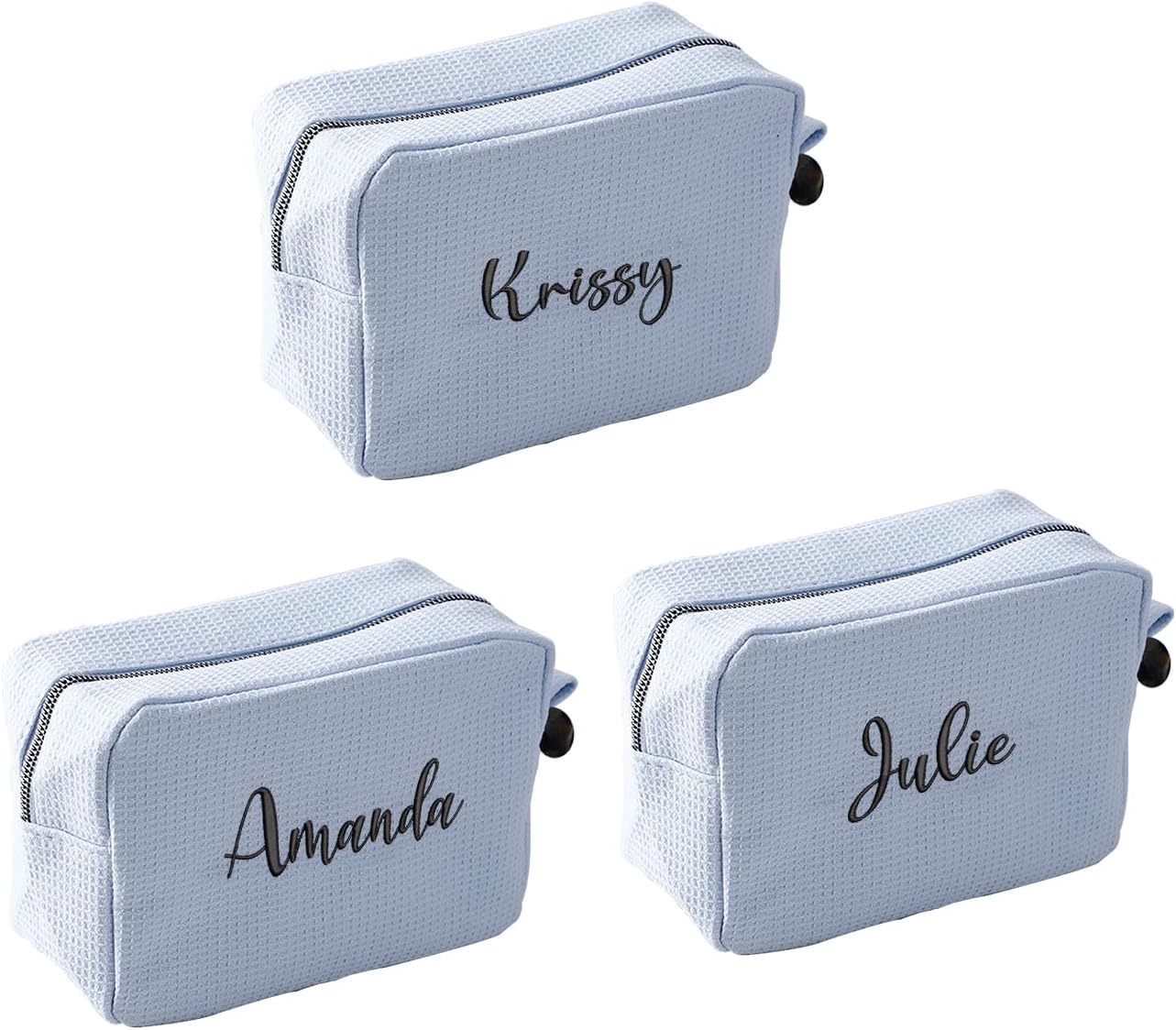 GOPHIE Personalized Embroidered Makeup Bag,Custom Waffle Fabric Cosmetic Pouch for Women, Travel Makeup Pouch (3, Sky Blue)