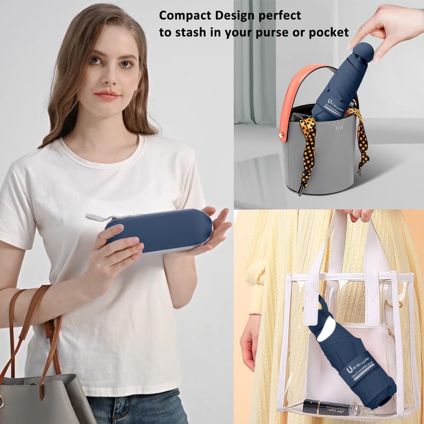 BAODINI Travel Essentials Mini Umbrella for Purse With Case Small Compact UV Sun Protection Lightweight Tiny Pocket Manual Open Close Umbrella for Women Kids and Men Fit Purse Backpack